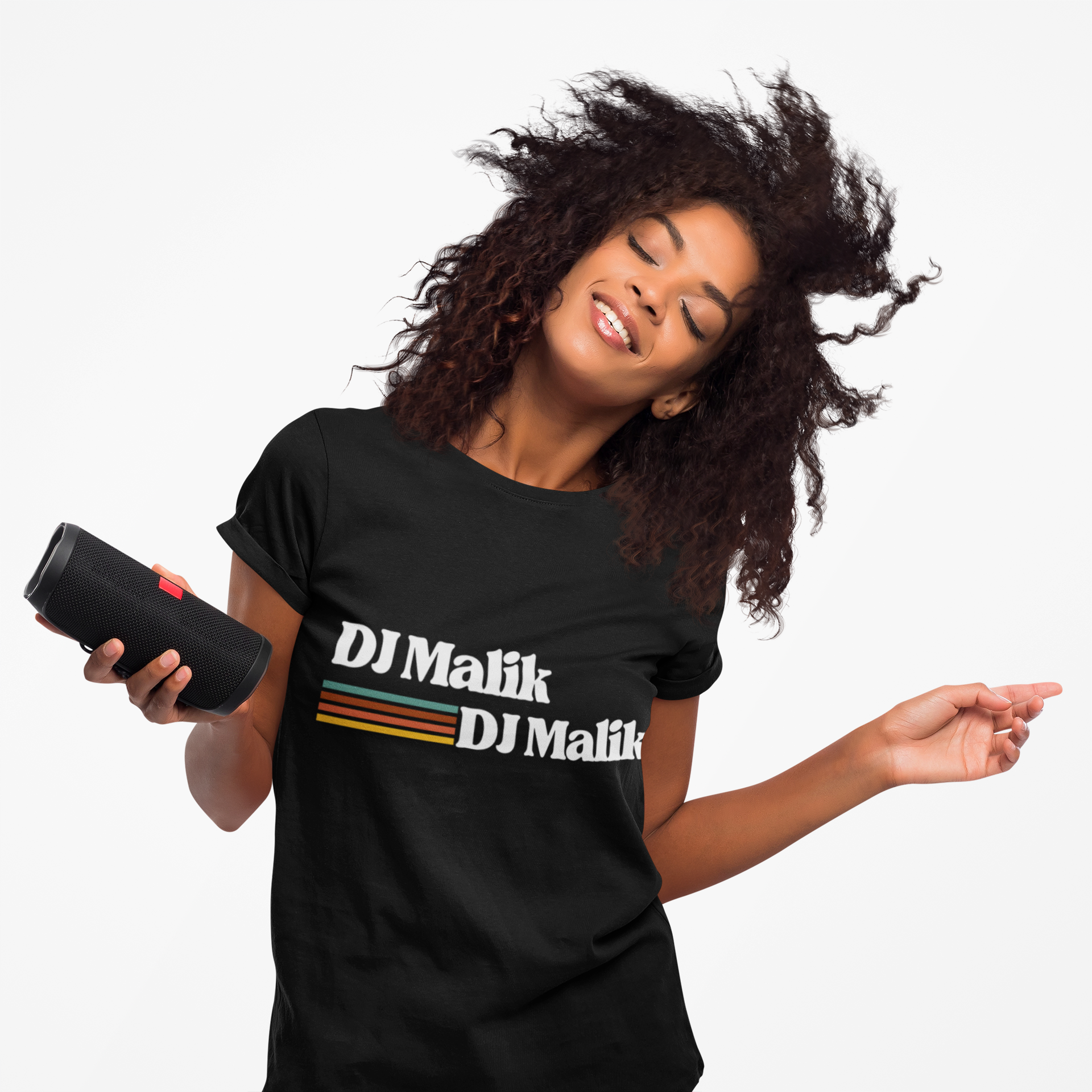 Woman wearing a black t-shirt with 'DJ Malik' text, holding a black speaker.