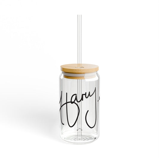 Clear glass One Direction inspired sipper cup with bamboo lid and straw featuring Harry Styles’ replicated signature in bold black.