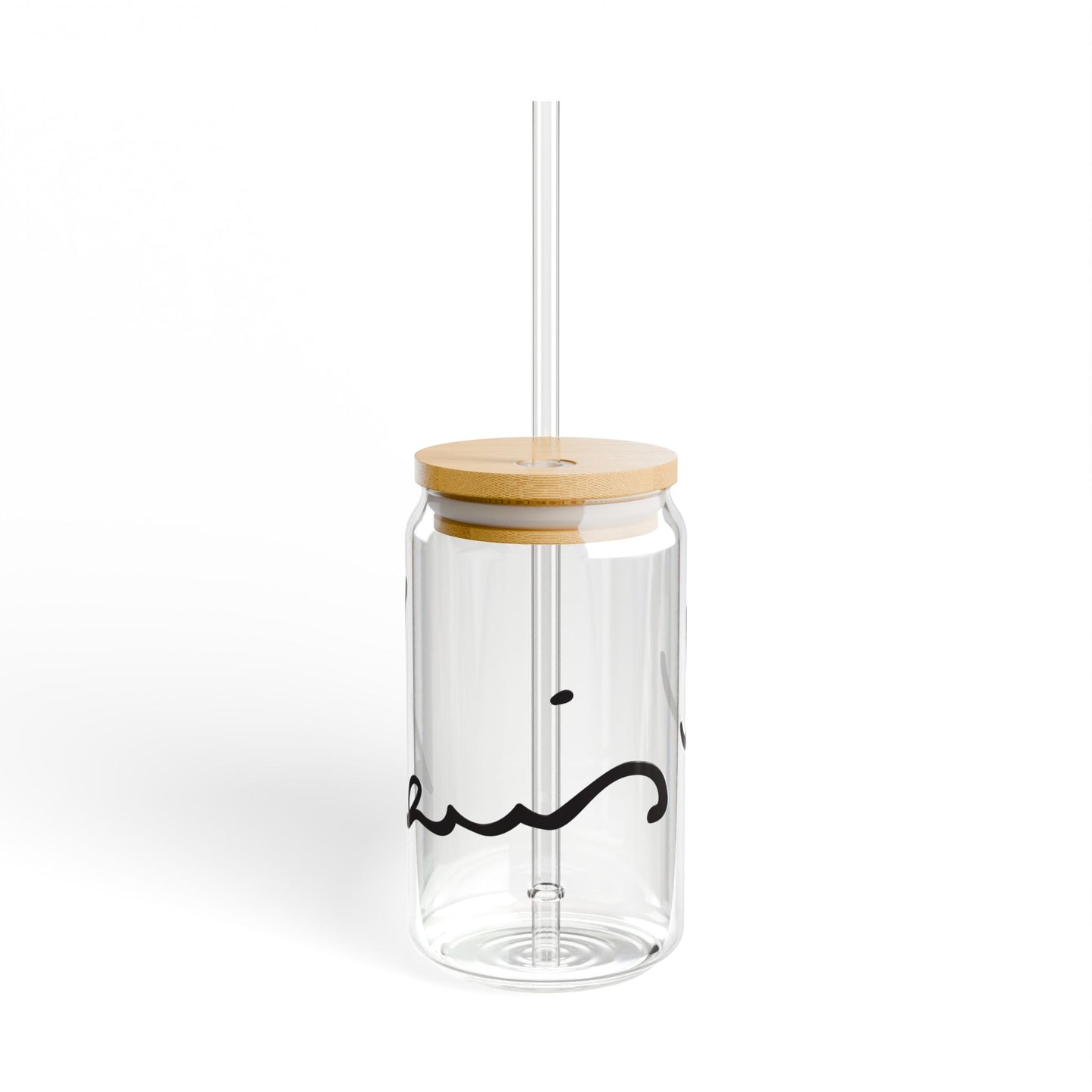 Clear glass One Direction inspired sipper cup with bamboo lid and straw featuring Louis Tomlinson’s replicated signature with a small heart detail