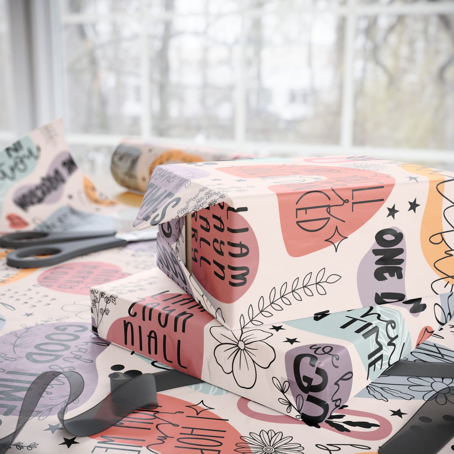 Fan-made One Direction inspired gift wrap featuring a boho design with doodles and lyric fragments, created for adult Directioners.