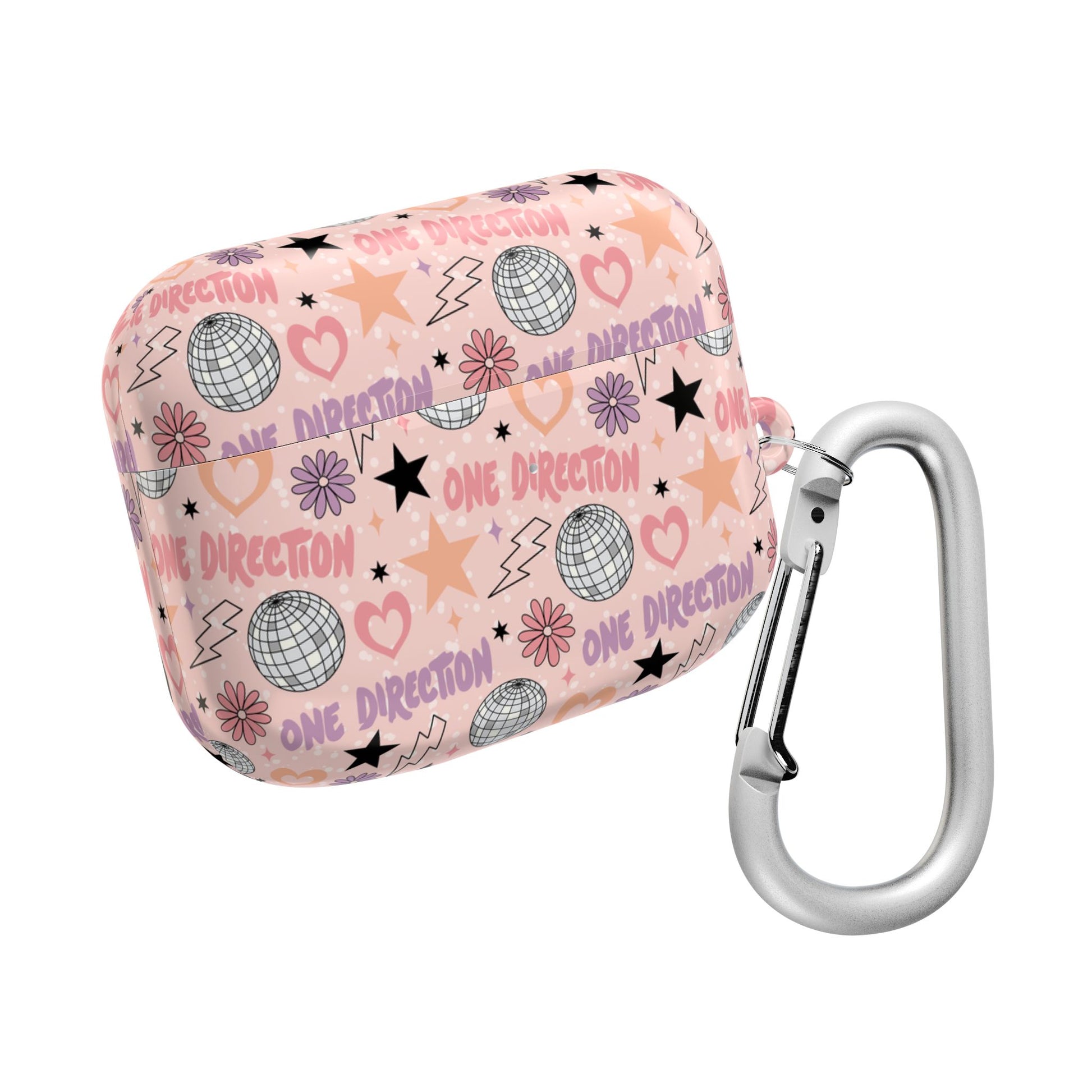 Pastel One Direction inspired AirPods case with a pattern of disco balls, stars, hearts, and flowers attached to a silver carabiner.