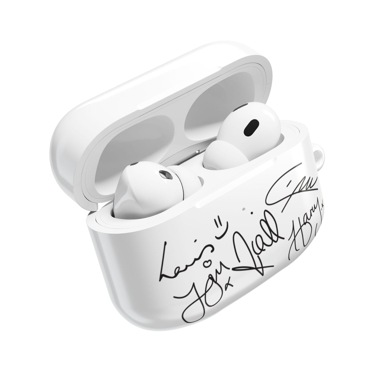 White One Direction inspired AirPods case featuring replicated band signatures printed in black across the front.