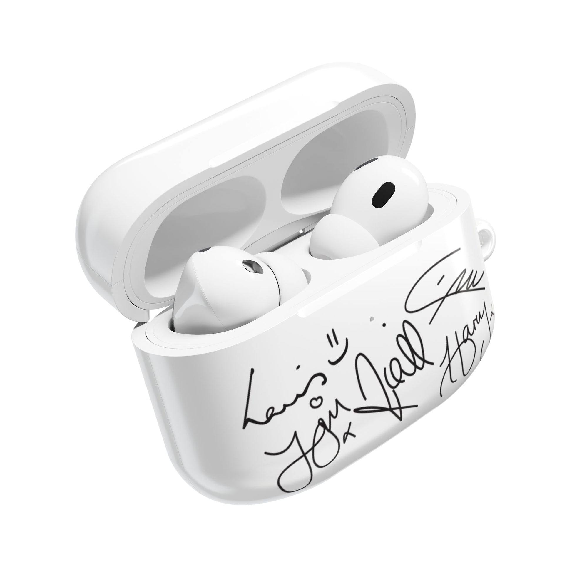 White One Direction inspired AirPods case featuring replicated band signatures printed in black across the front.