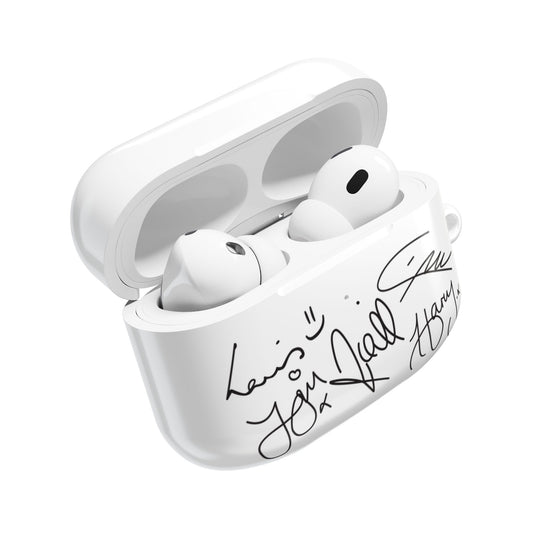 White One Direction inspired AirPods case featuring replicated band signatures printed in black across the front.
