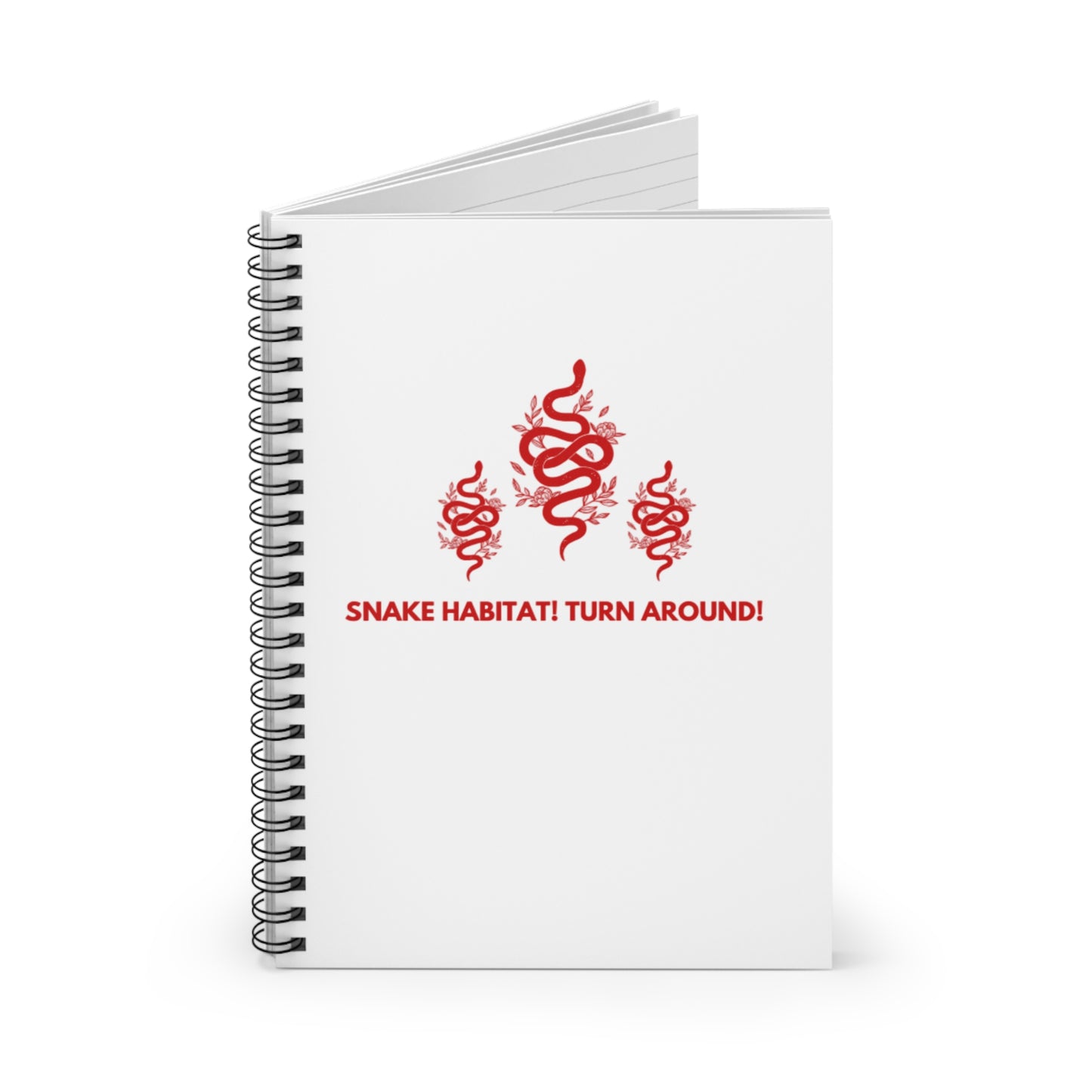 White spiral notebook featuring the Liam Payne quote “Snake Habitat! Turn Around!” with three red snake illustrations across the front cover.
