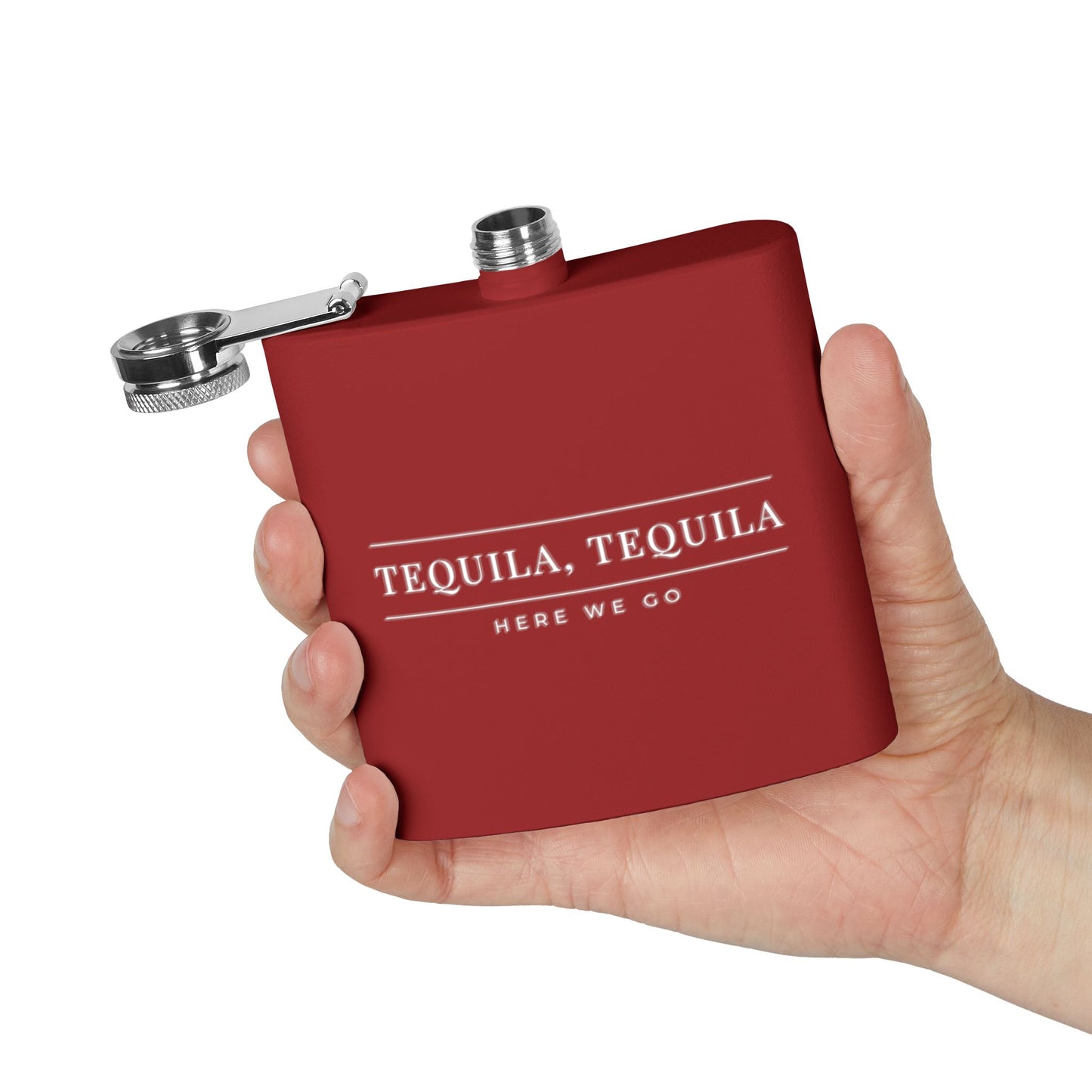 Red One Direction inspired flask held in one hand with the Liam Payne quote “Tequila, Tequila Here We Go” printed in white.