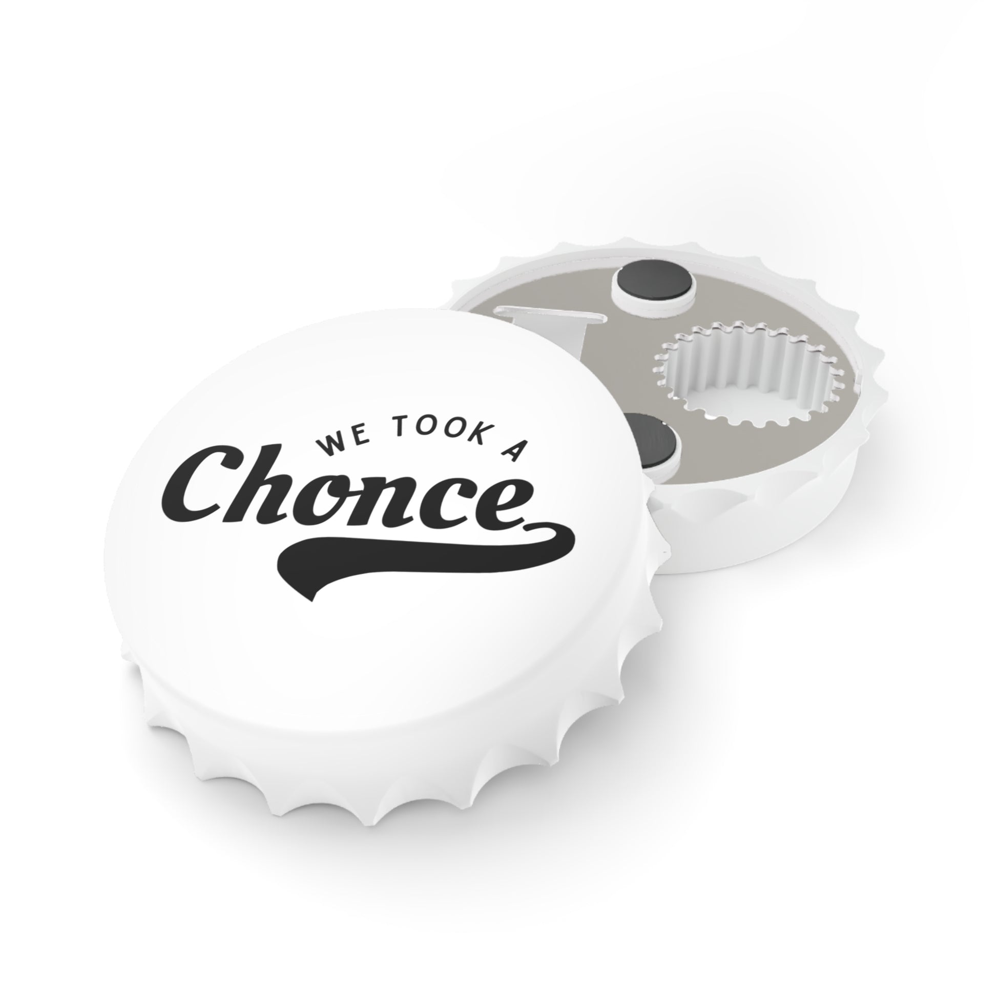 White One Direction inspired bottle cap–style opener with the Niall Horan quote “We Took a Chonce” printed on the top in bold black lettering.