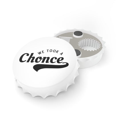 White One Direction inspired bottle cap–style opener with the Niall Horan quote “We Took a Chonce” printed on the top in bold black lettering.