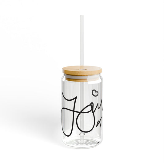 Clear glass One Direction inspired sipper cup with bamboo lid and straw featuring Zayn Malik’s replicated signature in bold black.
